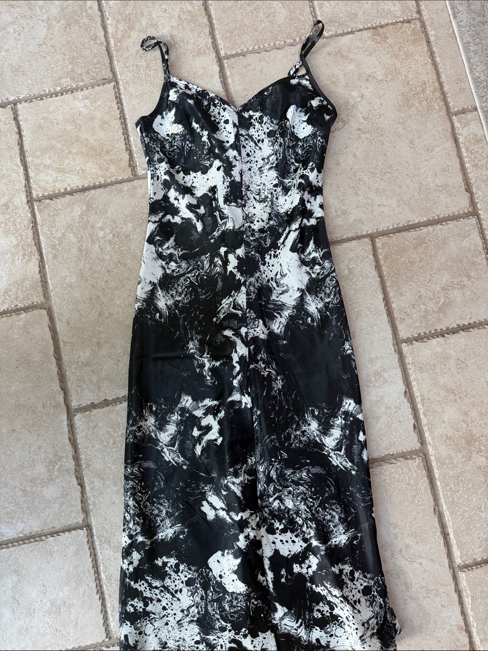 Black & White Marble-Print Midi Slip Dress - Women's Elegant Spaghetti Strap